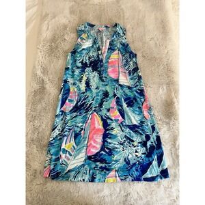 Lilly Pulitzer‎ Essie Dress Sparkling Blue Hey Bay Bay Sailboat Print Women's XS